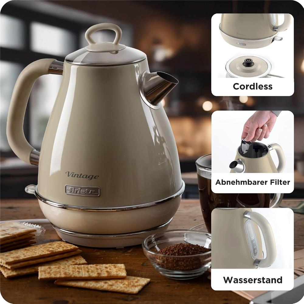 Ariete Vintage Wasserkocher, Beige, 1,7L Edelstahlkessel, 2000W, Elegantes Retro-Design