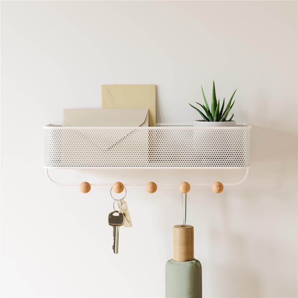 Umbra Estique Schlüsselbrett mit Briefablage, Multifunktionaler Wand Organizer mit 5 Haken, in Weiß