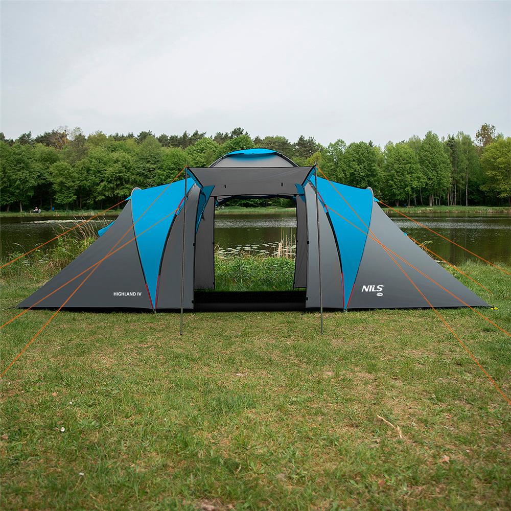 NILS CAMP Highland IV Zelt für 4 Personen Grau-Blau - großes Familienzelt mit Vorraum für Camping & Outdoor