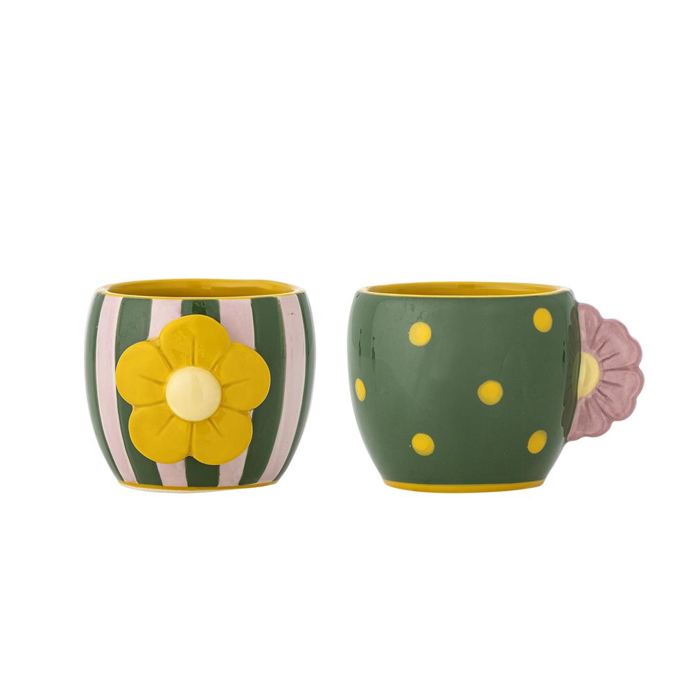 Bloomingville Haisy Tasse 2er Set grün - Steingut Tassen mit Blumenmotiv für Küche & Tischdeko