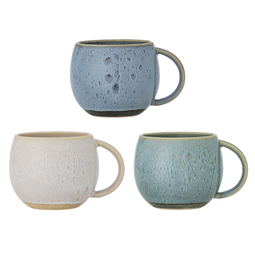 Bloomingville Harriet Becher 3er Set aus Steingut in Blau, Punktmuster mit reaktiver Glasur