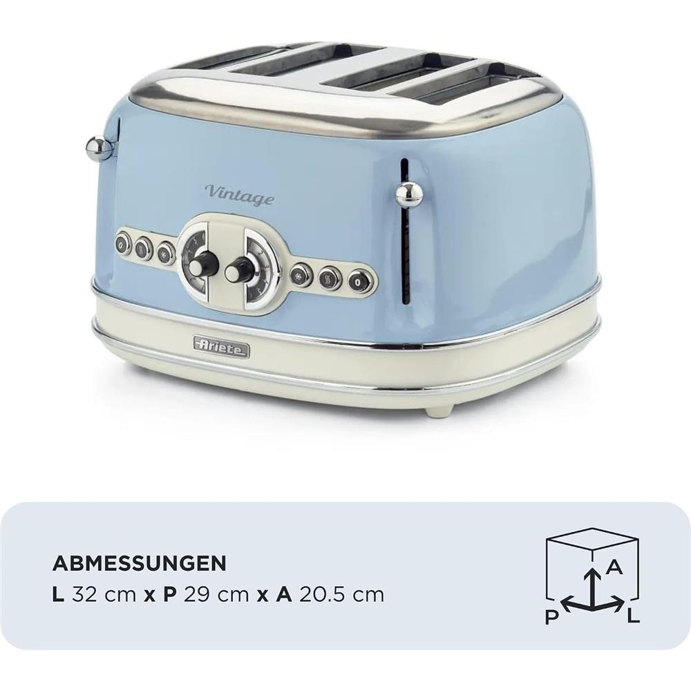 Ariete Vintage Toaster, Blau, 4-Scheiben-Toaster mit 6 Bräunungsstufen, 1600W