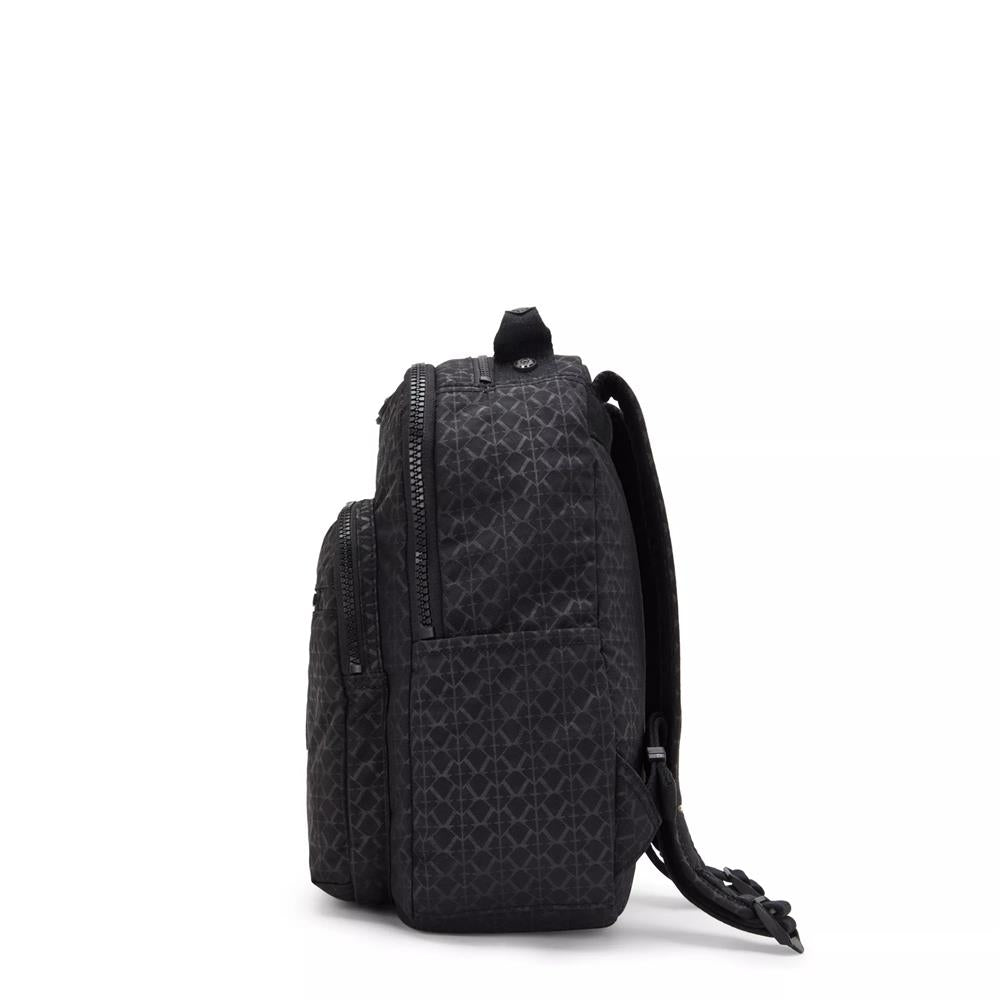 Kipling SEOUL S, kleiner Rucksack, Signature Emb (schwarz), Rucksack mit Tabletfach 11 Zoll