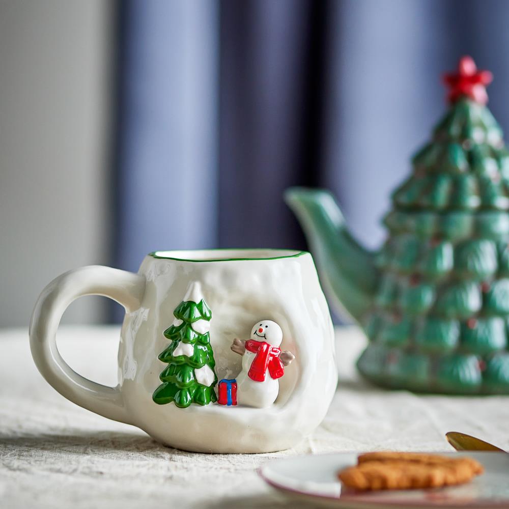 Bloomingville Ryne Tasse Weiß Steingut 2er Set Weihnachtstassen 440 ml