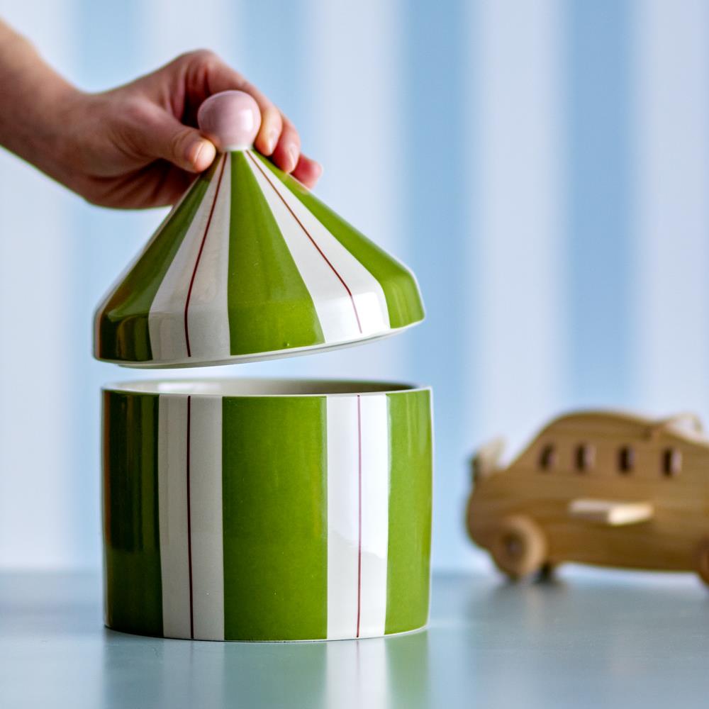 Bloomingville MINI Cimmi Gefäß mit Deckel grün - Steingut Vorratsdose gestreift für Küche Deko