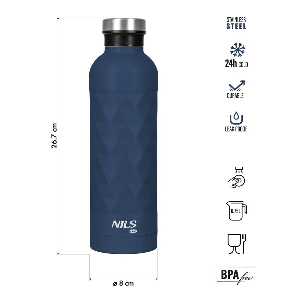 NILS CAMP Trinkflasche 750 ml Edelstahl blau isoliert für Outdoor Reisen Sport