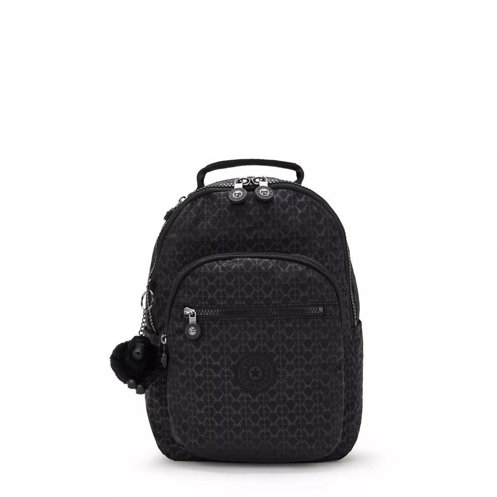 Kipling SEOUL S, kleiner Rucksack, Signature Emb (schwarz), Rucksack mit Tabletfach 11 Zoll
