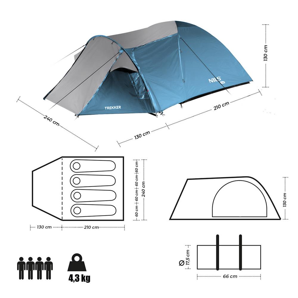 NILS CAMP Trekker Zelt für 4 Personen in Blau-Grau - Campingzelt mit Vorraum für Outdoor, Familie & Trekking