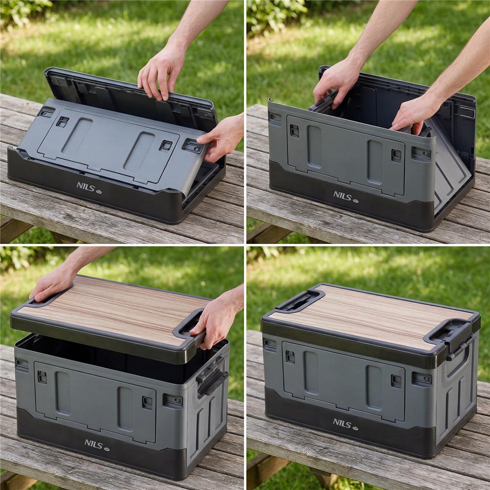 NILS CAMP Transportbox 38L Grau - klappbare Campingbox mit Tischfunktion für Outdoor & Auto