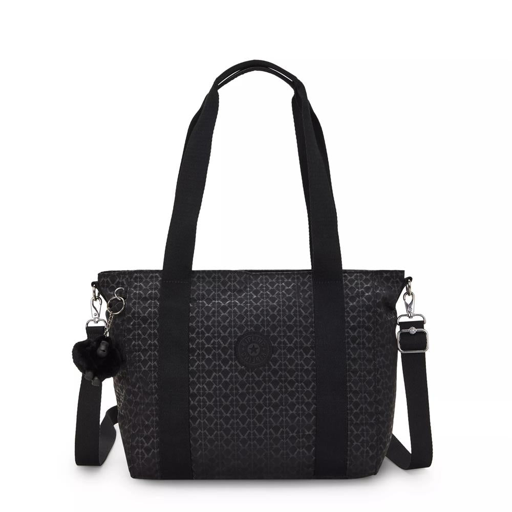 Kipling ASSENI S, kleine Tote Bag, Signature Emb (schwarz), Handtasche mit Schultergurt & Fächern