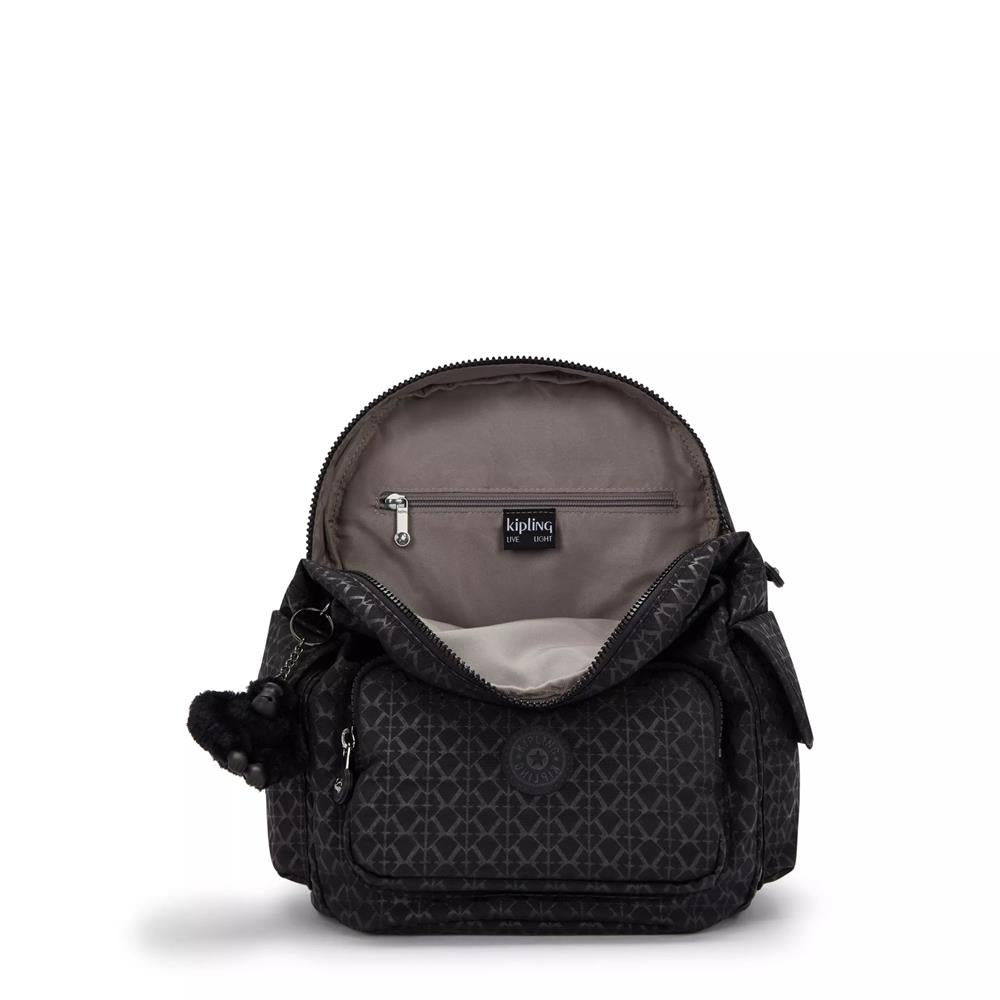 Kipling CITY PACK S, kleiner Rucksack, Signature Emb (schwarz), Damenrucksack mit vielen Fächern