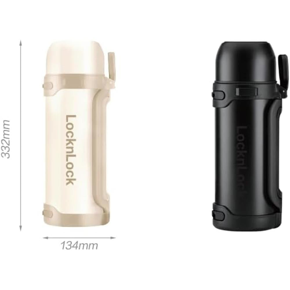 LocknLock Thermoskanne 1,8 L Creme, Becher, Edelstahl, Tragegurt, Auslaufsicher