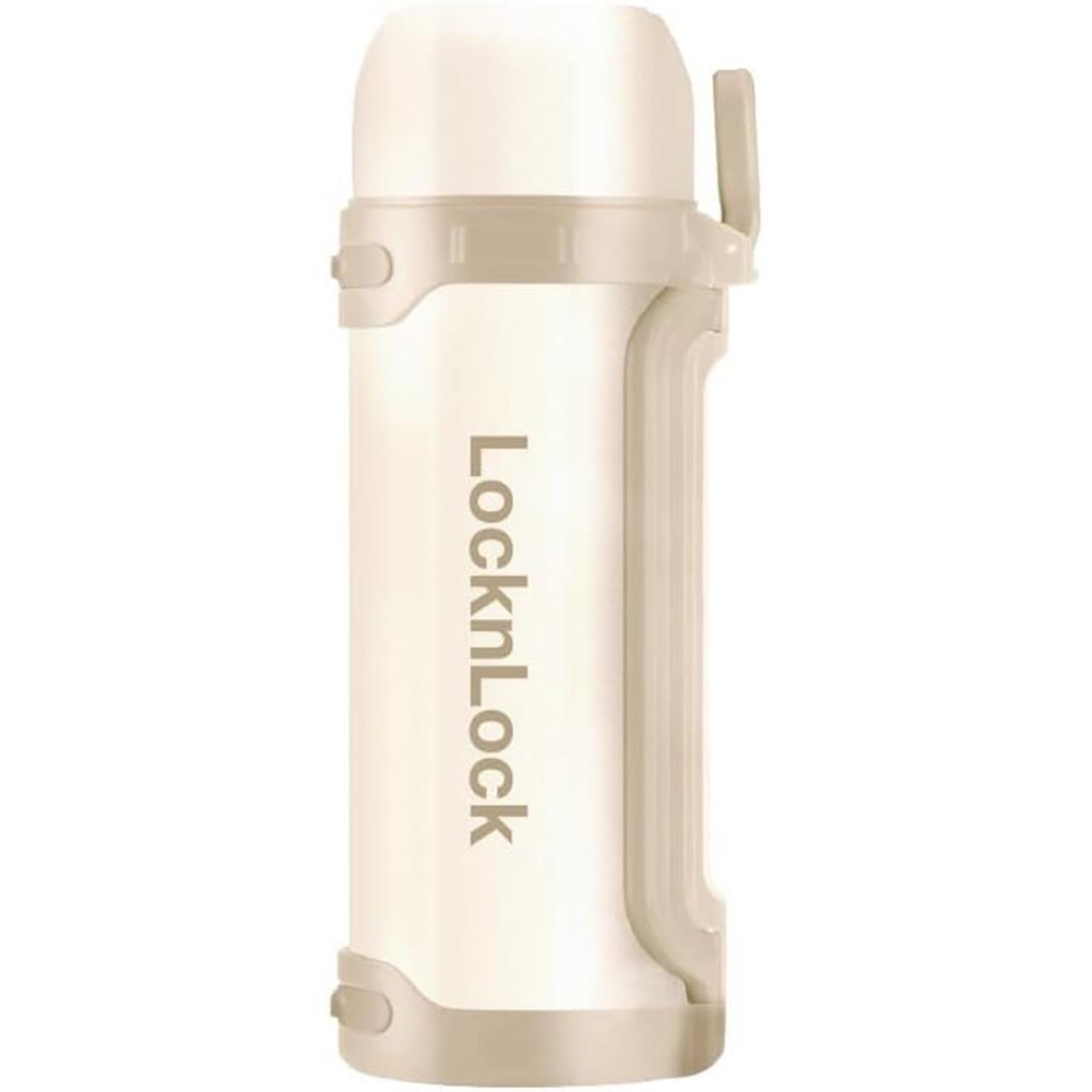 LocknLock Thermoskanne 1,8 L Creme, Becher, Edelstahl, Tragegurt, Auslaufsicher