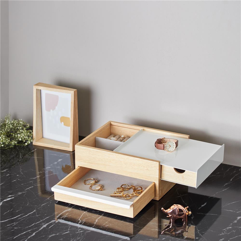 Umbra Stowit Design Schmuckkasten Weiß/Natur moderne Schmuck Box mit Geheimfächern für Ringe Armbänder Uhren Halsketten Ohrringe und Accessoires
