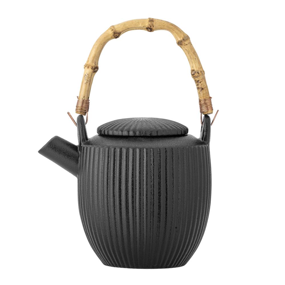 Bloomingville Neri Teekanne Schwarz – Steingut, 850 ml, Bambusgriff, skandinavisches Design mit Rillenstruktur
