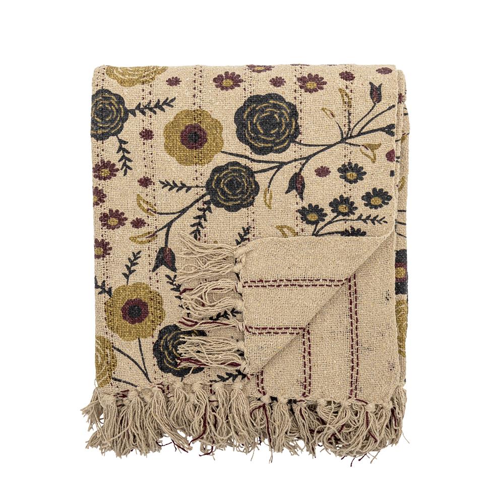 Bloomingville Eydis Wohndecke Blumen 160 x 130 cm mit recycelter Baumwolle mit Fransen