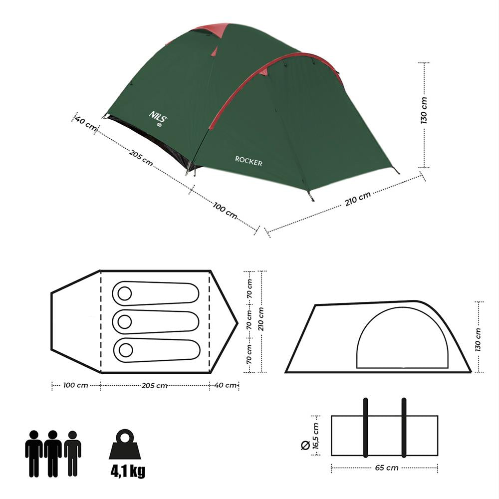 NILS CAMP Rocker Zelt für 3 Personen in Grün - Campingzelt mit Vorraum für Outdoor, Trekking & Camping