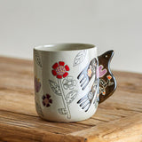 Bloomingville Vivielle Tasse 4er Set 325 ml D8,5 cm beige - Steinguttassen mit Vogelmotiv für Küche