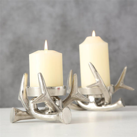 BOLTZE Kerzenleuchter Brano 2er Set Silber Metall Geweih Kerzenhalter Kerzenständer Stumpenkerzen