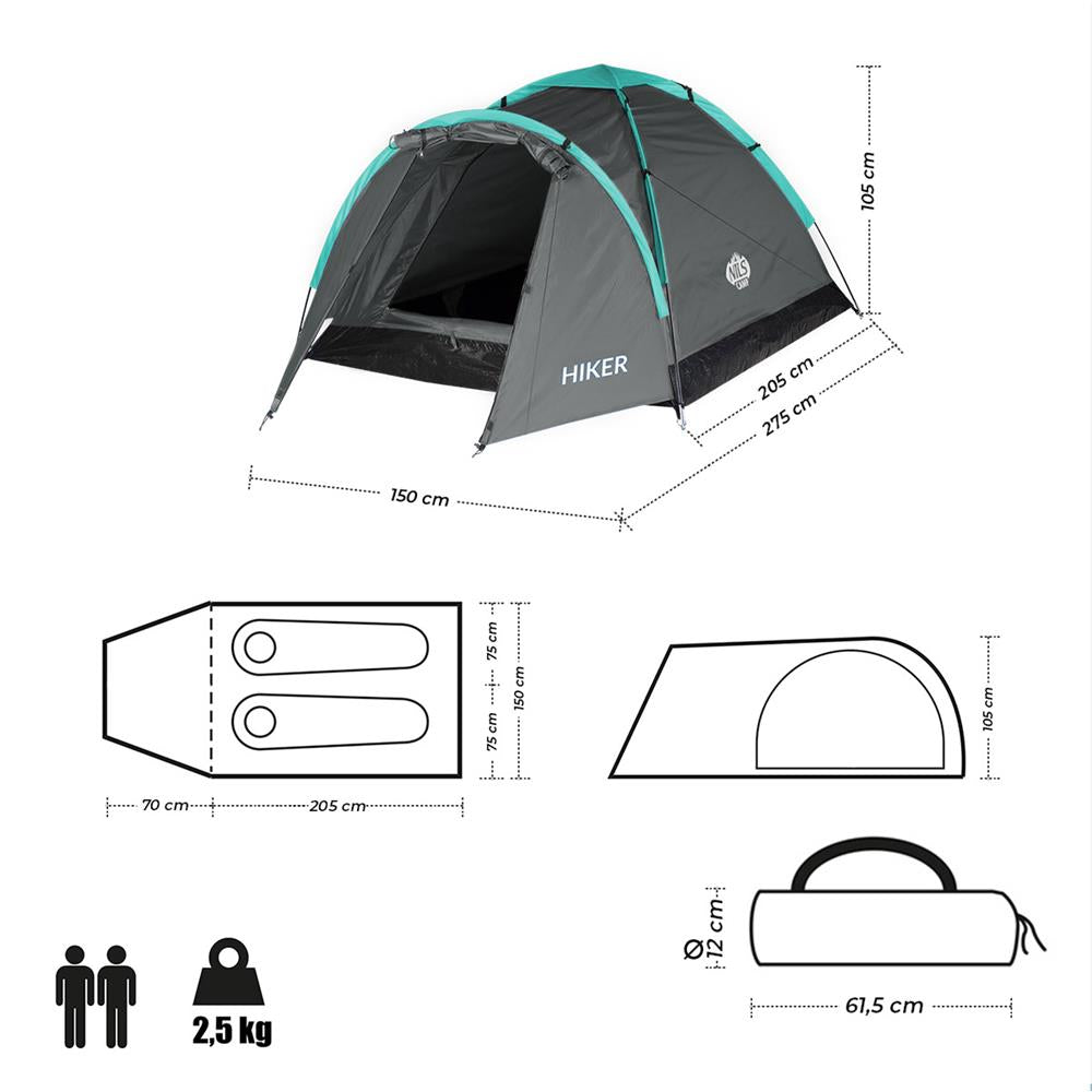 NILS CAMP Hiker Zelt für 2 Personen in Grau - kompaktes Campingzelt mit Vorraum für Camping & Outdoor