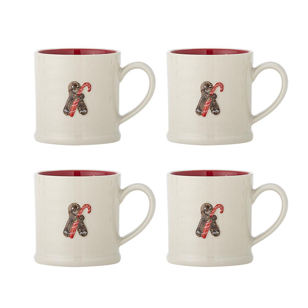 Bloomingville Kenai Tasse 4er Set 300 ml rot Steingut Weihnachtstassen mit Lebkuchenmotiv