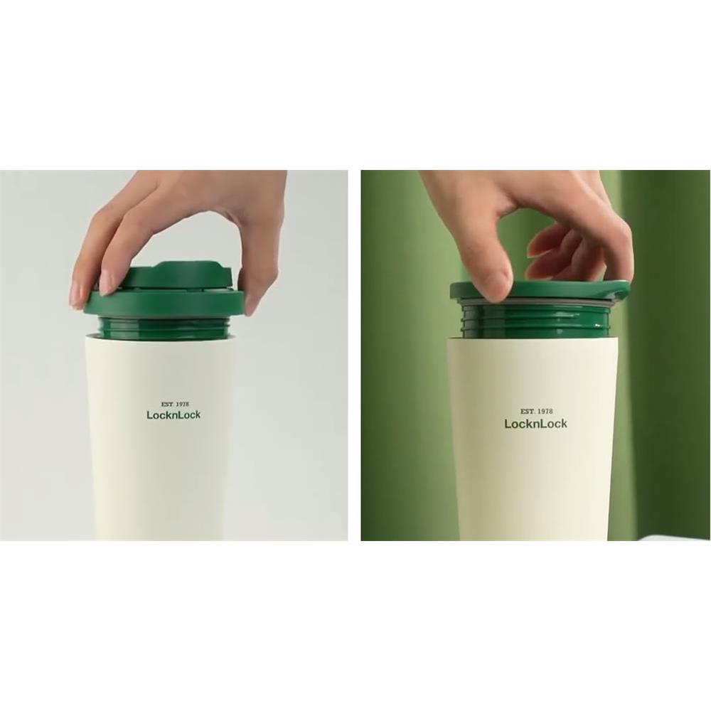 LocknLock Thermobecher 550 ml keramikbeschichtet mit 2 Deckeln, Weiß-Grün