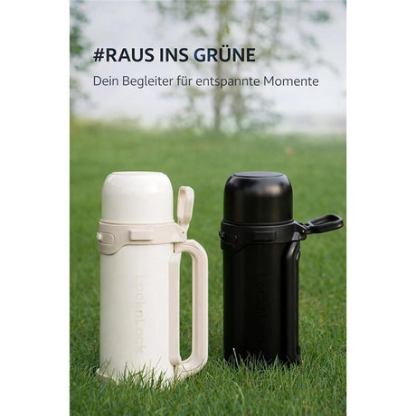 LocknLock Thermoskanne 1,8 L Schwarz, Becher, Edelstahl, Tragegurt, Auslaufsicher