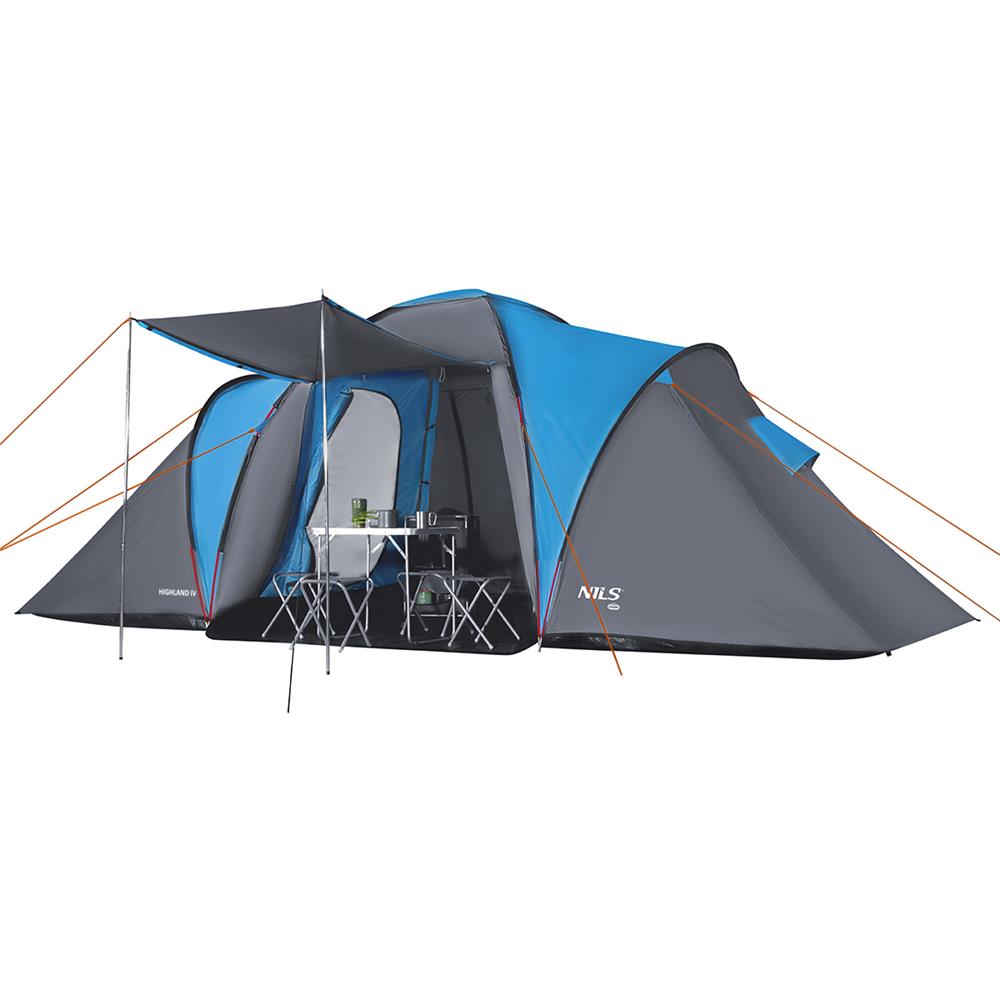 NILS CAMP Highland IV Zelt für 4 Personen Grau-Blau - großes Familienzelt mit Vorraum für Camping & Outdoor