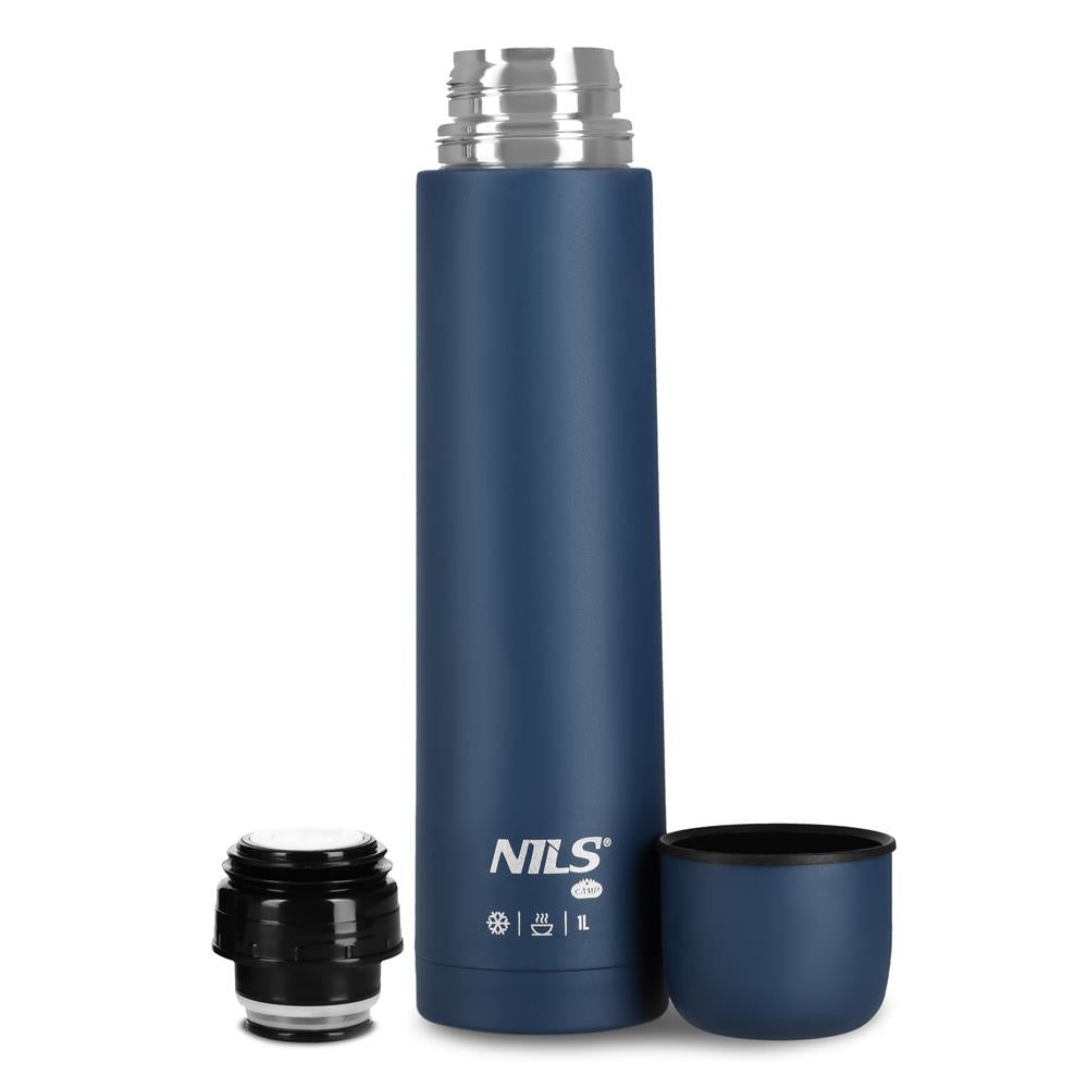NILS CAMP Thermoskanne 1L Edelstahl blau isoliert für Camping Reisen Outdoor
