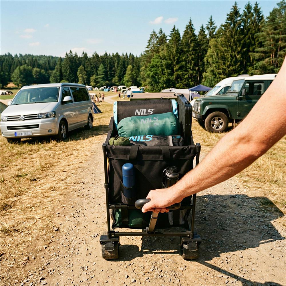 NILS CAMP Bollerwagen XXL 160L in Schwarz Orange - faltbarer Campingwagen mit Netzablage