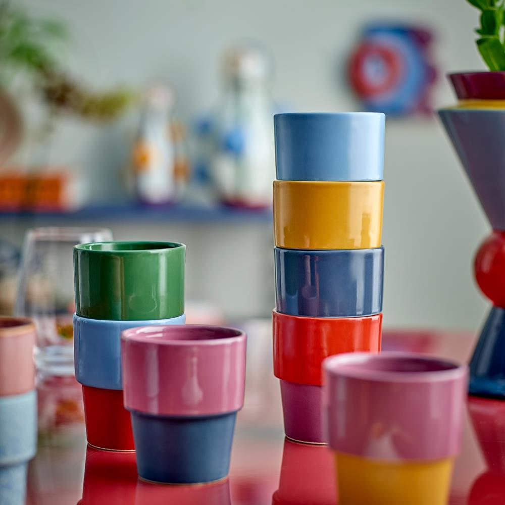 Bloomingville Ewan Tasse 4er Set bunt - Steingut Tassen Color Block für Küche & Kaffee
