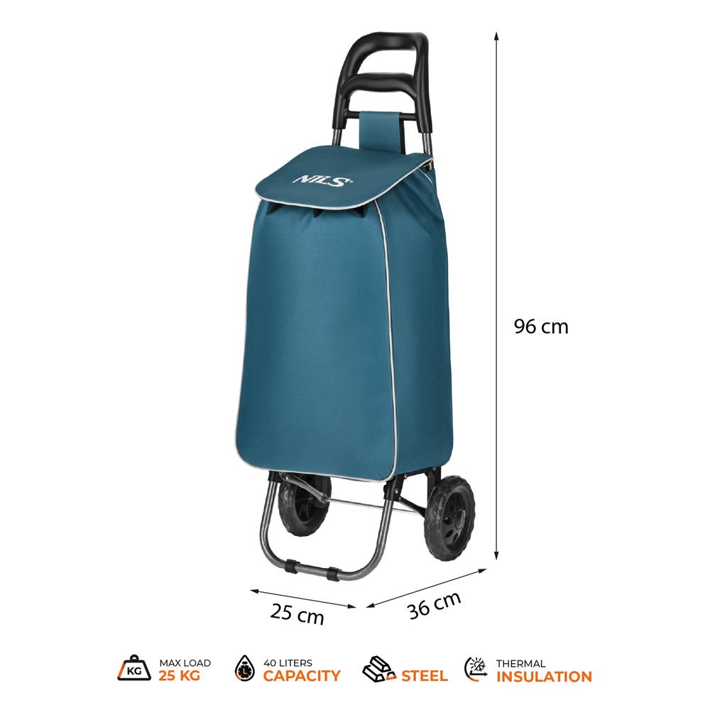 NILS CAMP Einkaufswagen 40 L türkis klappbar mit Thermofach für Einkauf Alltag Reisen