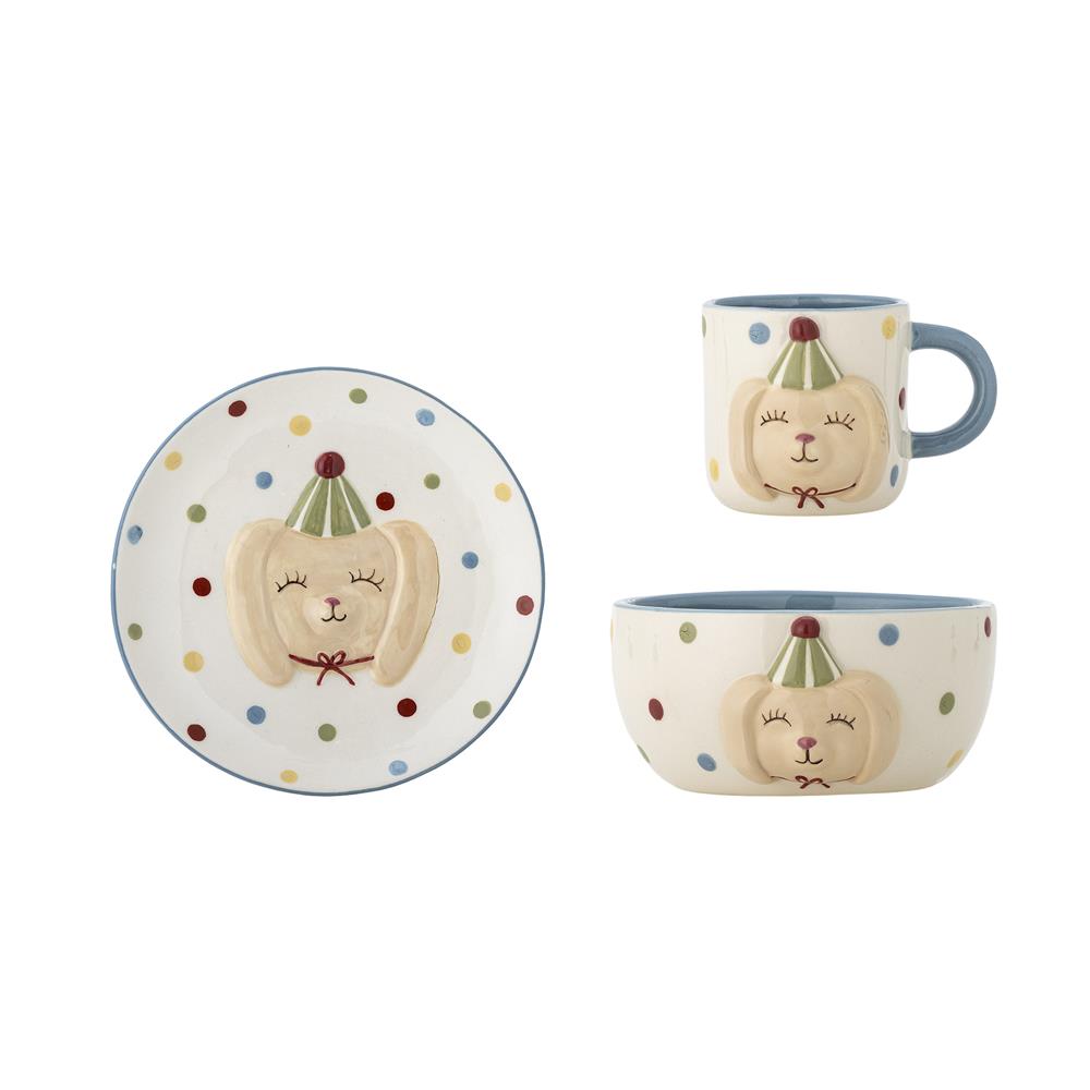 Bloomingville MINI Party Geschirr-Set 3-teilig D15,5 cm bunt - Kindergeschirr aus Steingut mit Hundemotiv