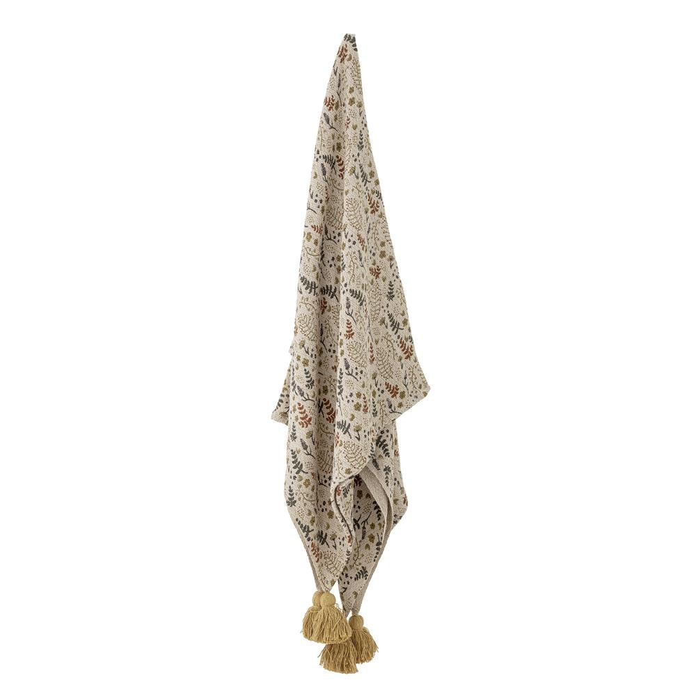 Bloomingville MINI Filipa Kuscheldecke Blumenmotiv 160 x 130 cm mit recycelter Baumwolle mit Quasten