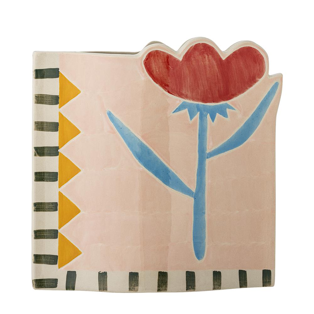 Bloomingville Vinia Vase bunt - Steingut Vase handbemalt mit Blumenmotiv für Wohnzimmer & Deko