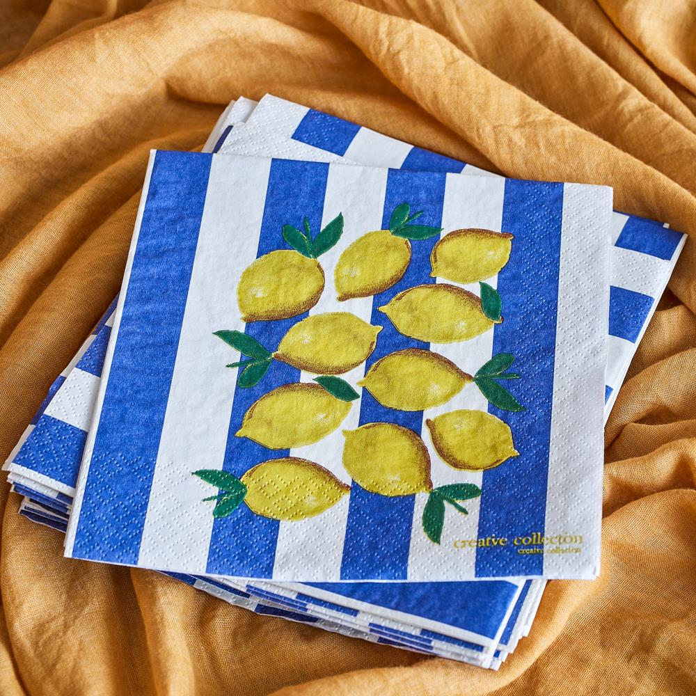 Bloomingville Limone Serviette 20er Set 33x33 cm bunt - Papierservietten mit Zitronenmotiv Tischdeko