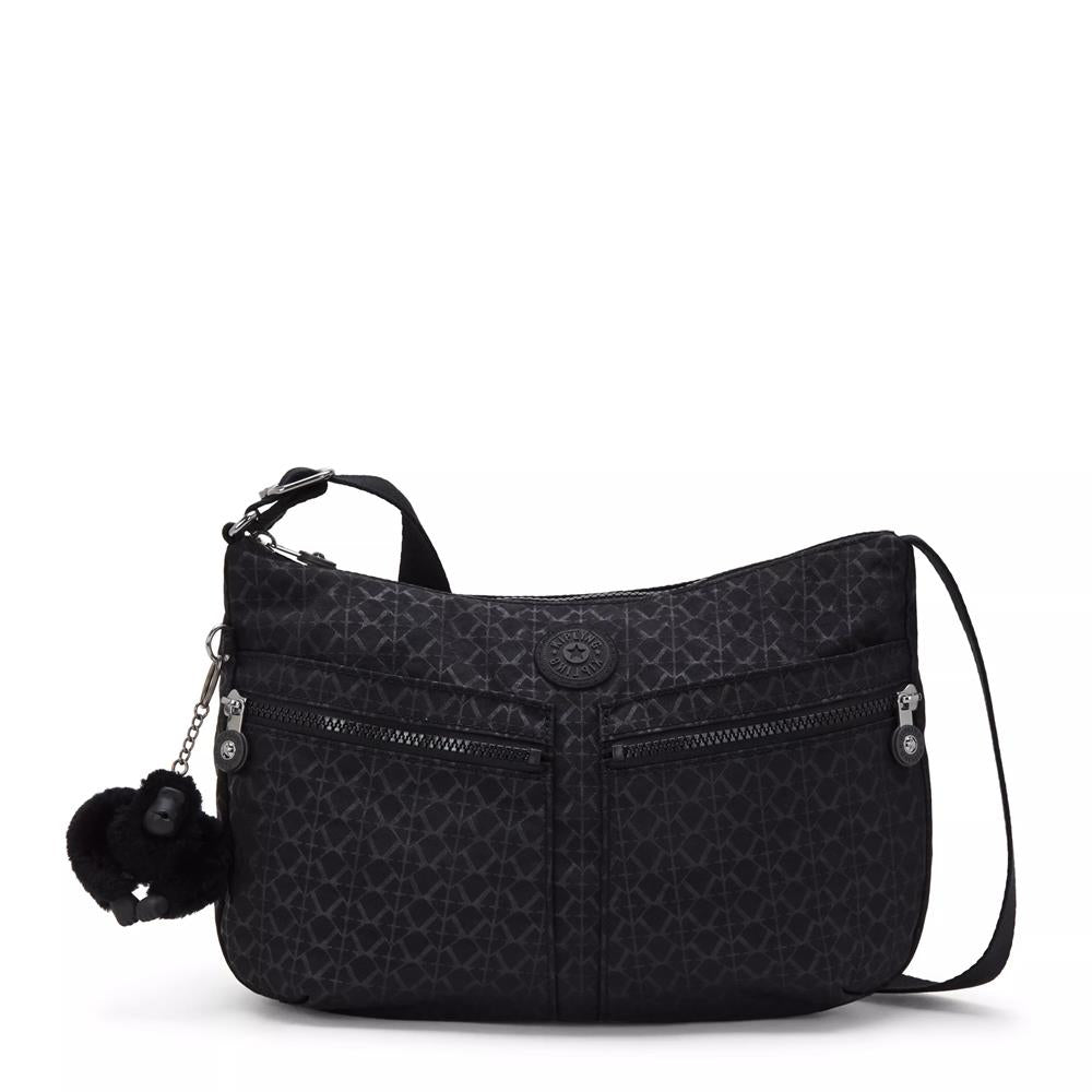 Kipling IZELLAH, mittelgroße Schultertasche, Signature Emb (schwarz), Umhängetasche mit viel Stauraum
