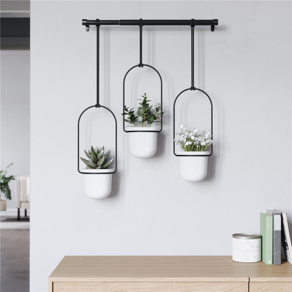 Umbra Triflora Vase Hängeblumentopf Wandvase Blumenampel für Wand und Decke 3er Set Weiß/Schwarz