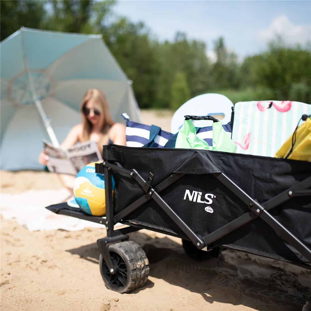 NILS CAMP Bollerwagen faltbar 160L in Schwarz - Campingwagen für Strand & Garten