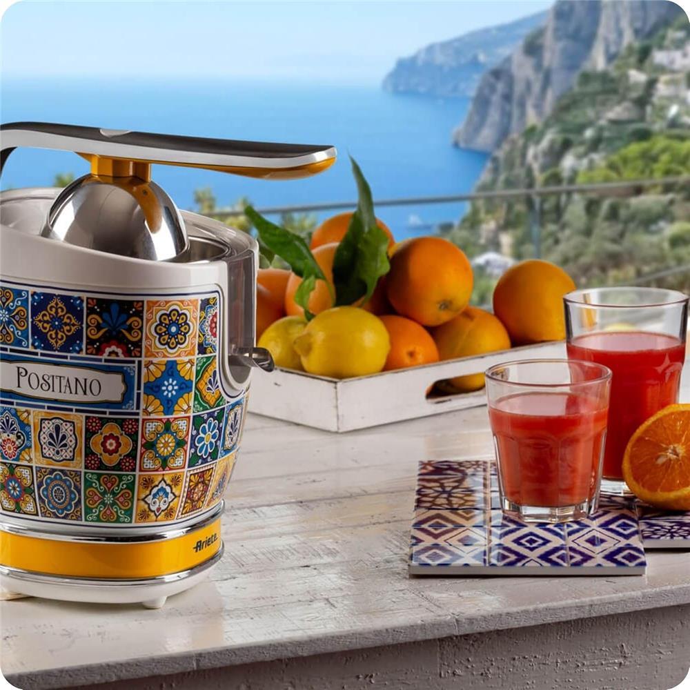 Ariete Positano Zitruspresse, Mediterranes Design, Elektrische Saftpresse mit Hebel, 85W