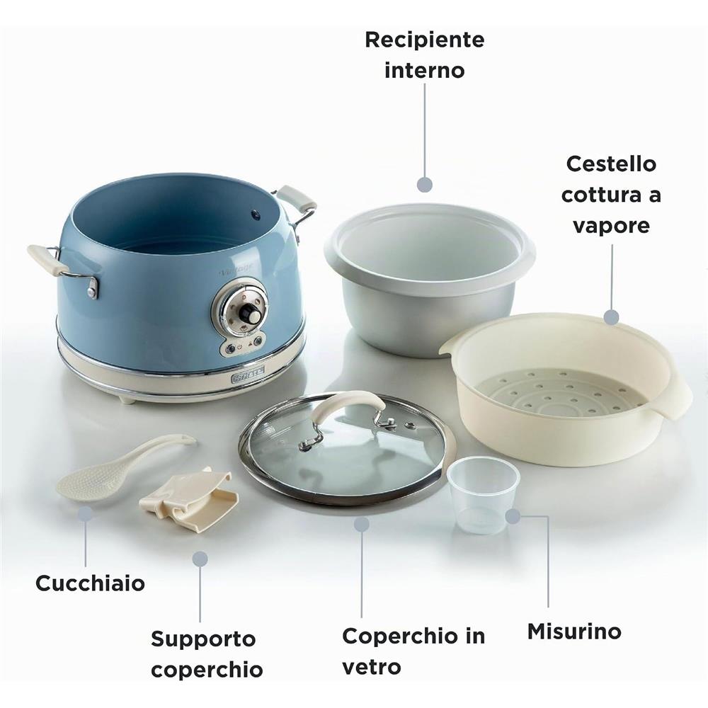 Ariete Vintage Reiskocher, Blau, 3,5L, Slow Cooker, Dampfgarer, 5 Programme, Keramikschüssel