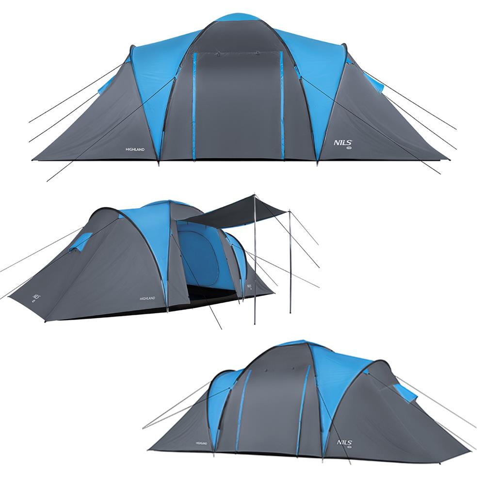 NILS CAMP Highland Zelt für 6 Personen Grau-Blau - großes Familienzelt mit Vorraum für Camping & Outdoor