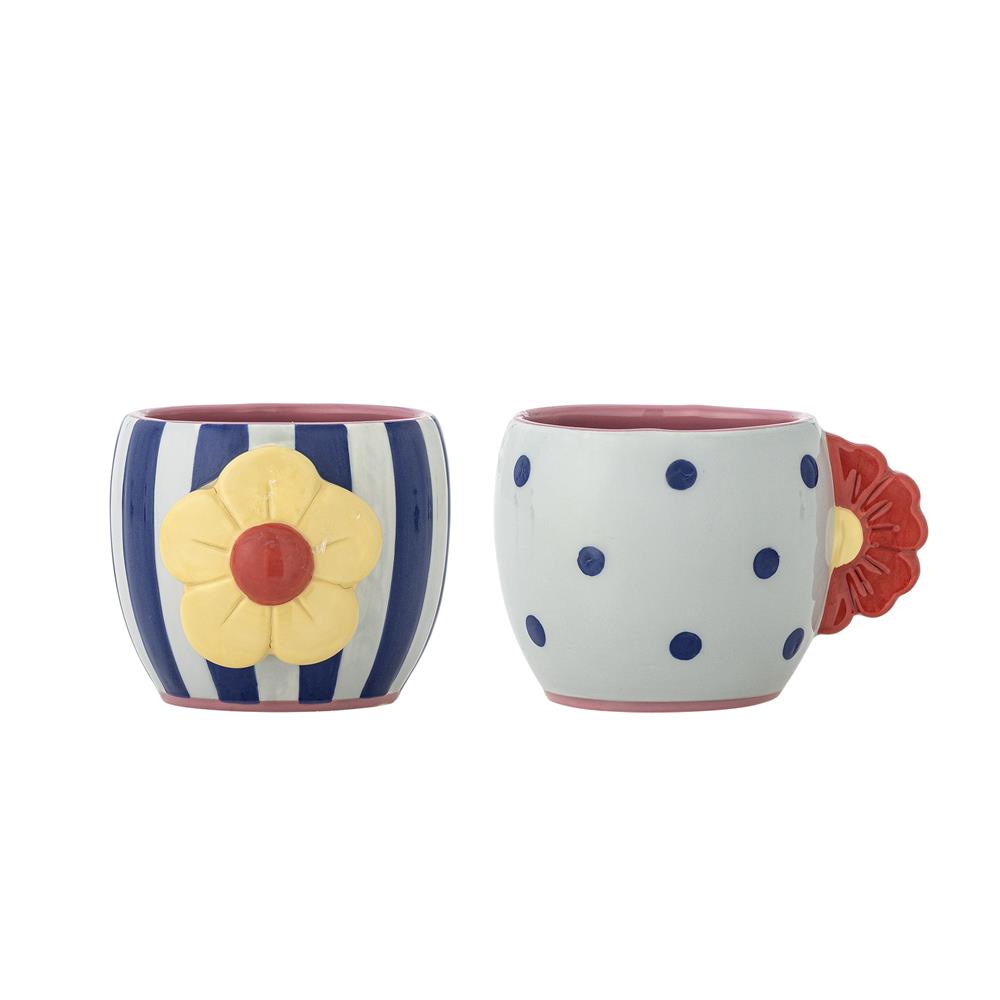 Bloomingville Haisy Tasse 2er Set blau - Steingut Tassen mit Blumenmotiv für Küche & Tischdeko