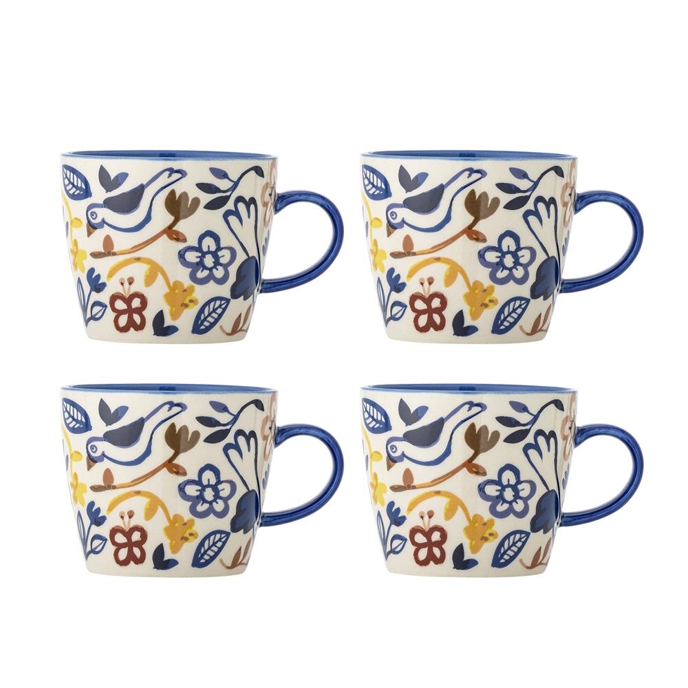 Bloomingville Figuria Tasse 4er Set bunt - Steingut Tassen mit Blumen & Vogelmotiv für Küche & Tisch