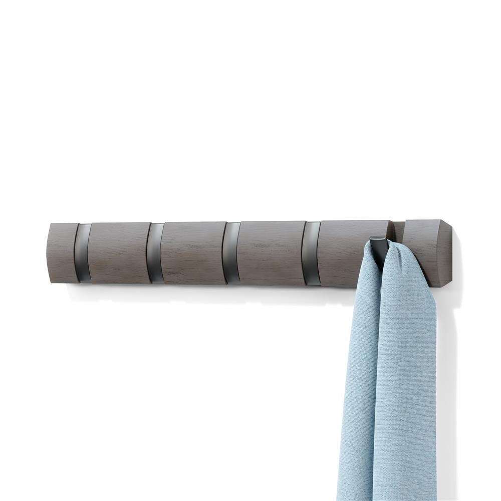 Umbra Flip Wandgarderobe, Garderobenleiste in Grau, mit 5 beweglichen Haken in Zinnfarben