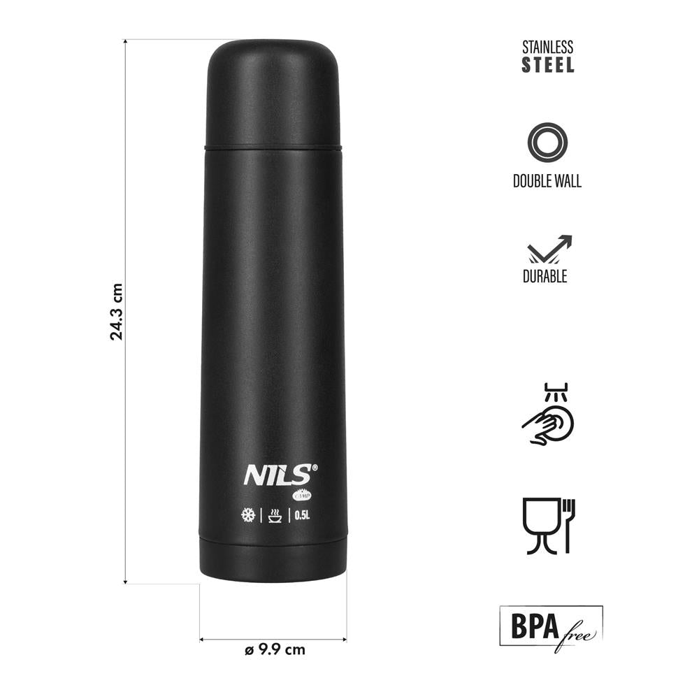 NILS CAMP Thermoskanne 0,5L Edelstahl schwarz isoliert für Camping Reisen Alltag