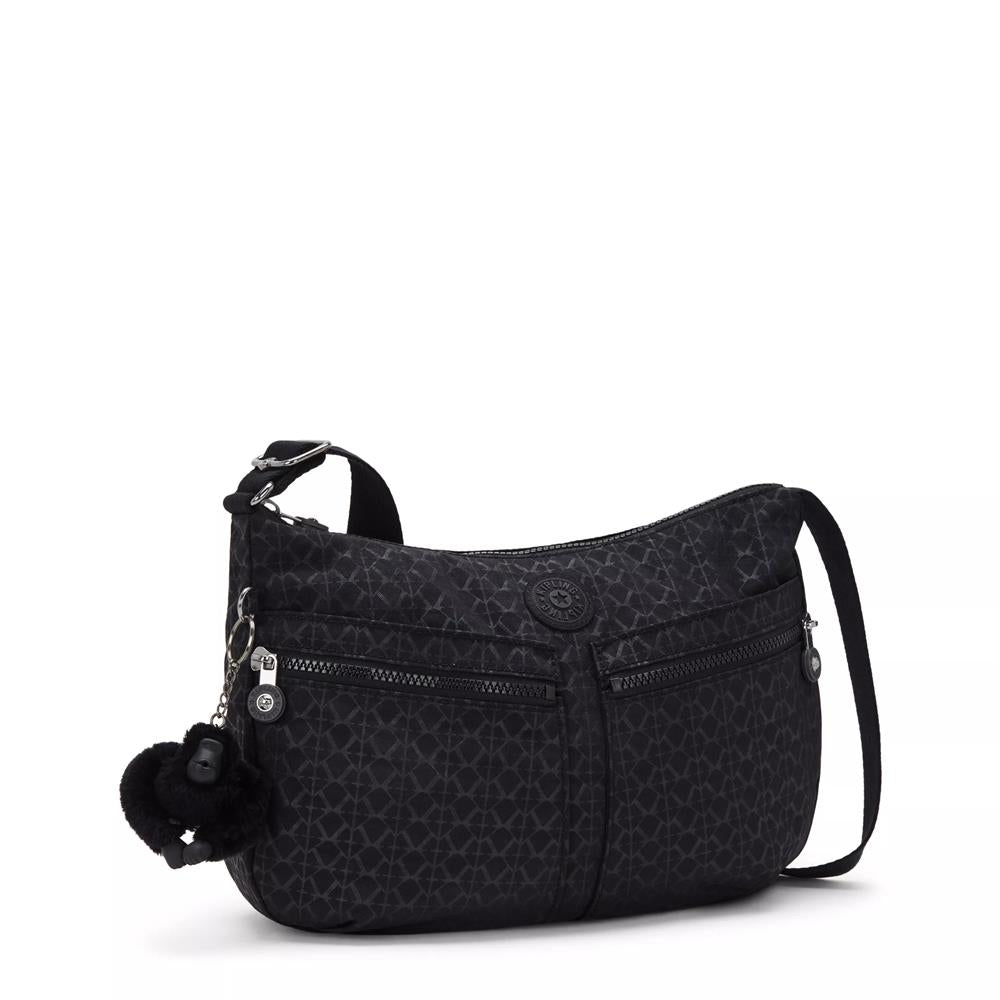 Kipling IZELLAH, mittelgroße Schultertasche, Signature Emb (schwarz), Umhängetasche mit viel Stauraum