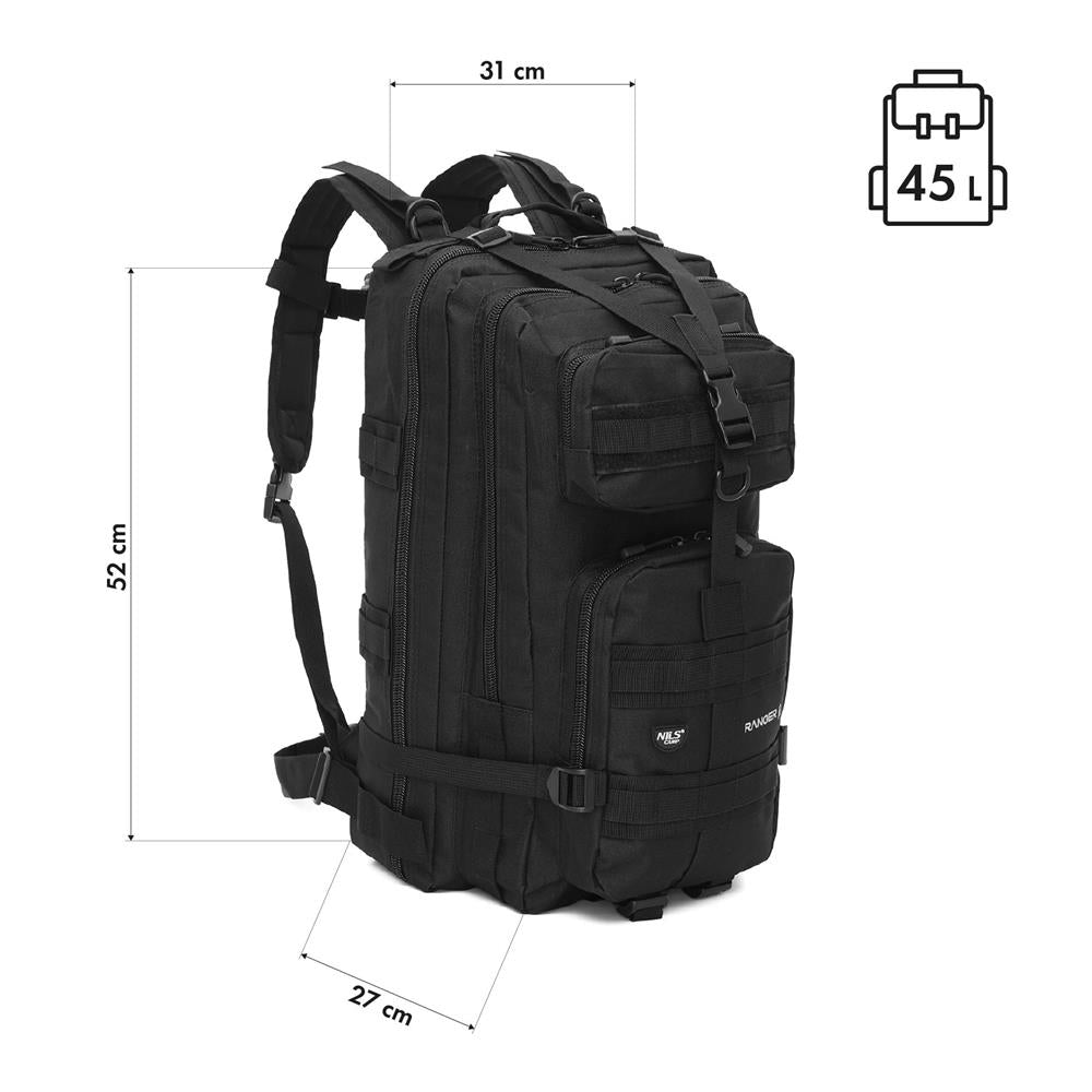 NILS CAMP Militärrucksack Ranger 45L Schwarz - Outdoor Trekking Rucksack Camping Survival