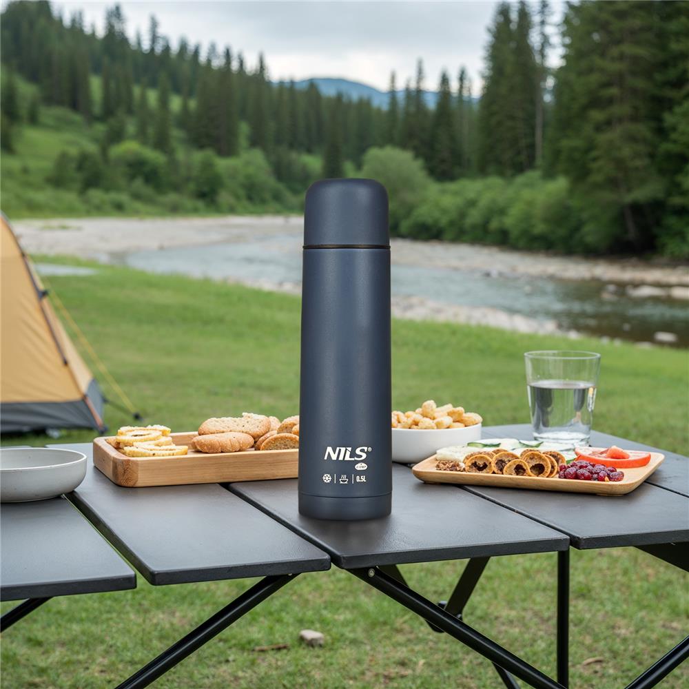 NILS CAMP Thermoskanne 0,5L Edelstahl blau isoliert für Camping Reisen Alltag