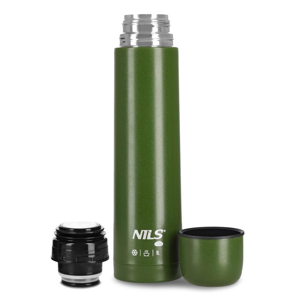 NILS CAMP Thermoskanne 1L Edelstahl grün isoliert für Camping Reisen Outdoor